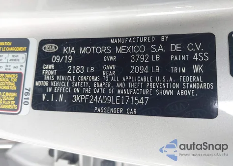 2020 Kia Forte Lxs z USA, uszkodzony, nr VIN 3KPF24AD9LE171547